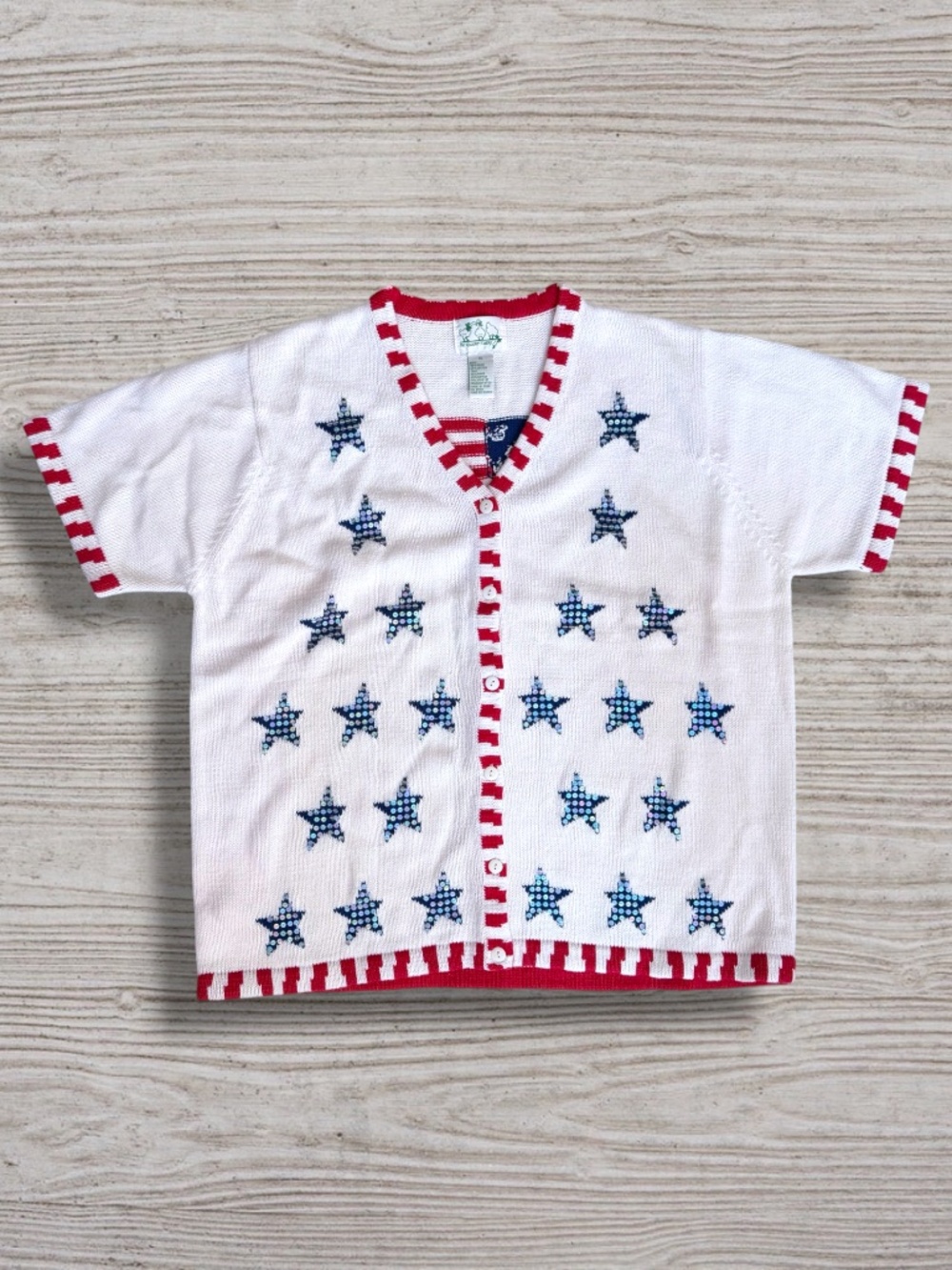 Quacker Factory Patriotic Sequin Stars Cardigan White Red Ramie Cotton Ugly XL